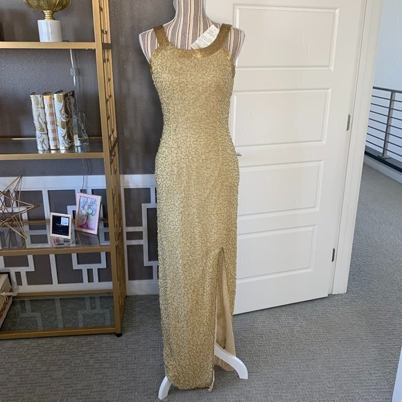 Vintage Laurence Kazar Gold Beaded Silk Dress